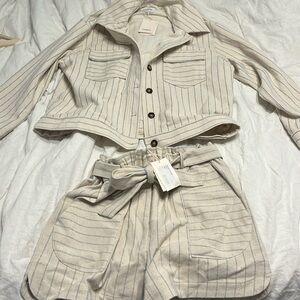 FRNCH crème/blue striped linen set, Size L, NWT, never worn